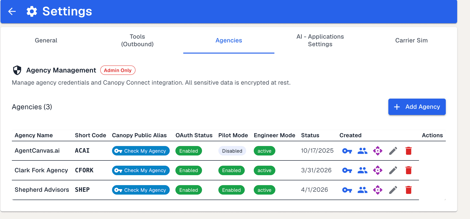 An admin-only agency management screen listing three member agencies with their names and distinct short codes, each row carrying its own credentials, its own data connection status, its own settings switches set differently from the others, a status and the date it was created, beside an action to add another agency