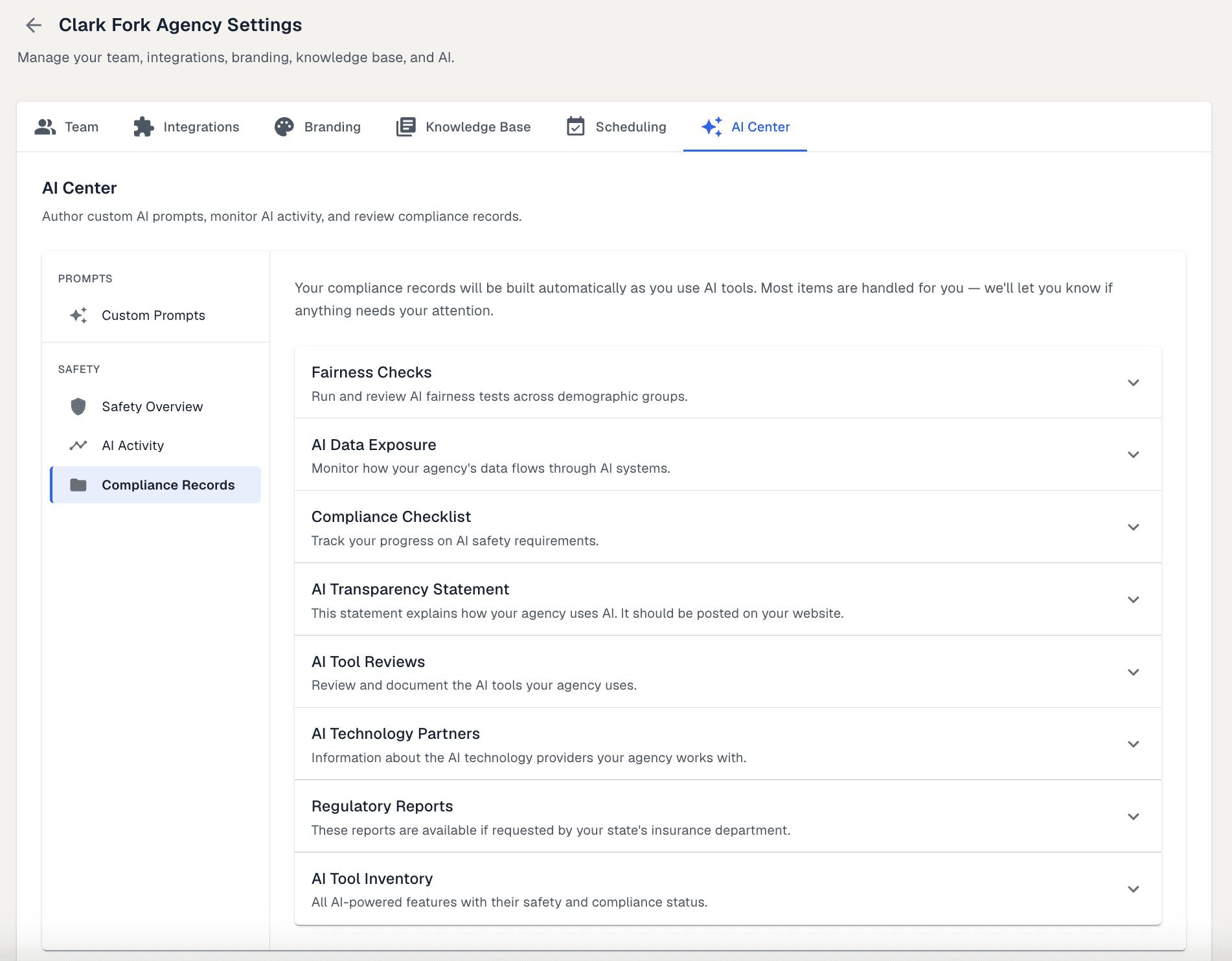 The compliance records area of the AI center, listing eight categories — fairness checks, AI data exposure, a compliance checklist, an AI transparency statement, AI tool reviews, AI technology partners, regulatory reports and an AI tool inventory — each with a one-line description and each collapsed