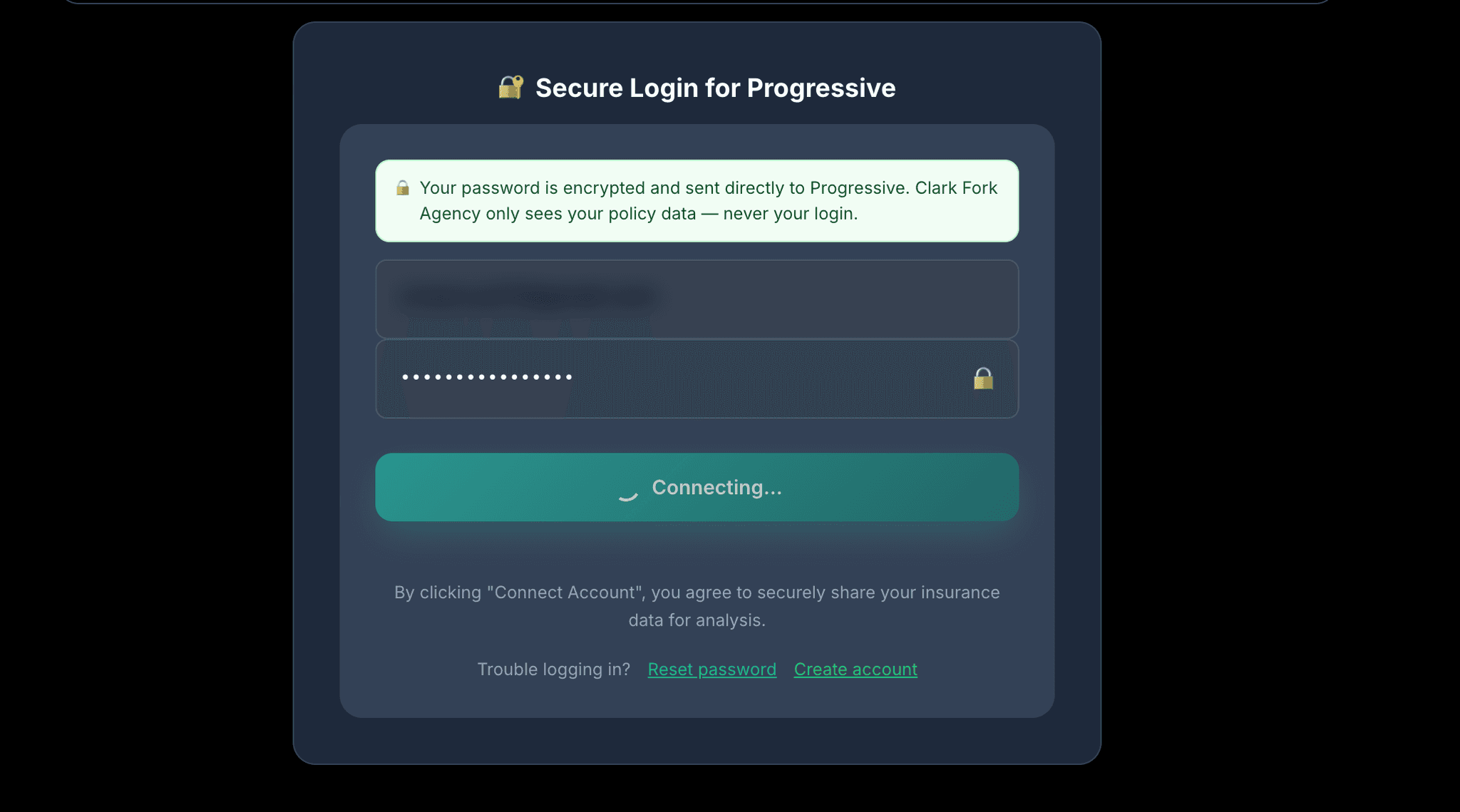 The secure login step of the client application, showing a reassurance that the password is encrypted and sent directly to the carrier and that the agency only ever sees policy data and never the login, above the sign-in fields and a connecting button