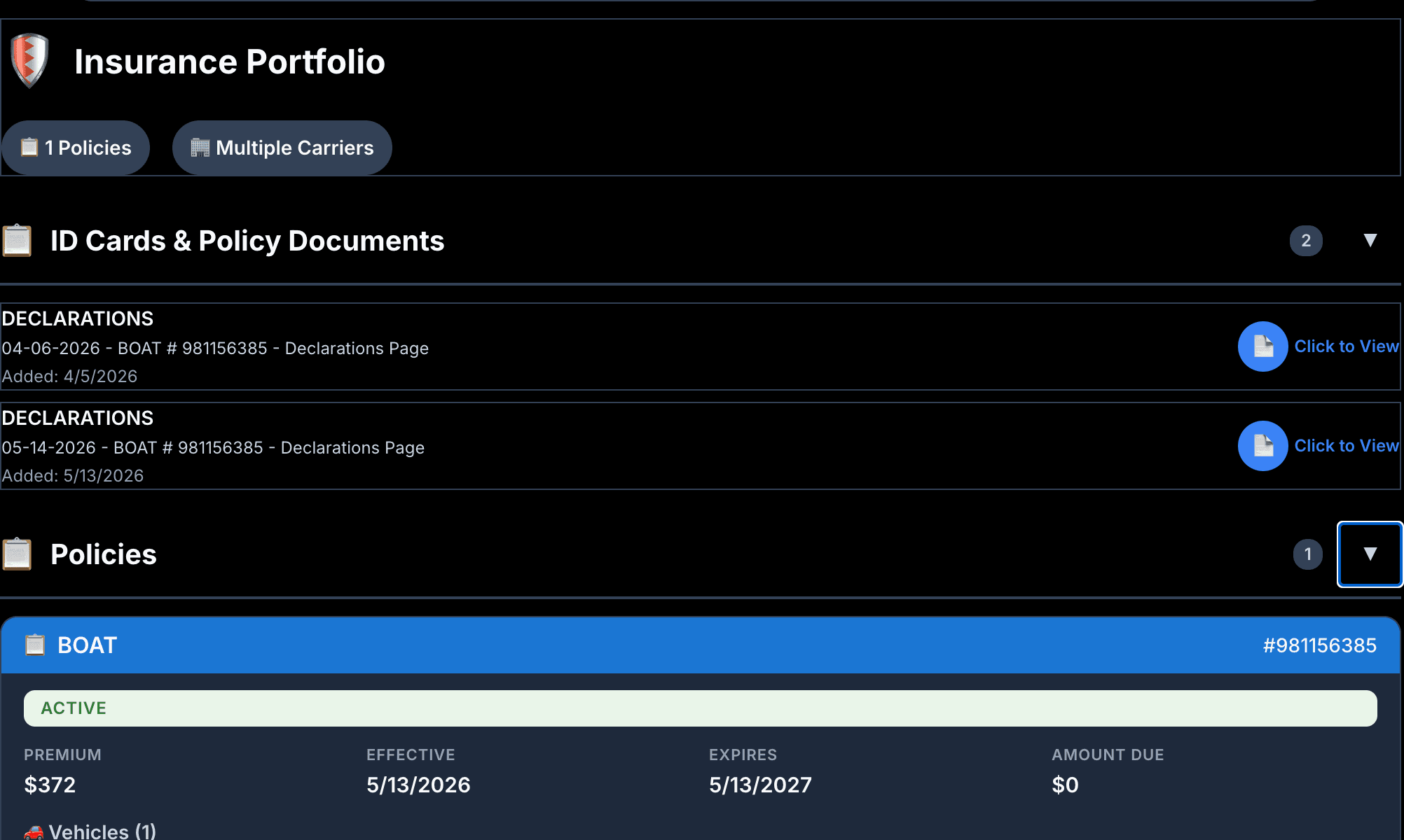 The end of the client-facing flow, showing the client their own insurance portfolio: a count of policies and carriers, their declarations pages listed as documents they can open, and the policy itself with its status, premium, effective and expiry dates and the vehicle on it