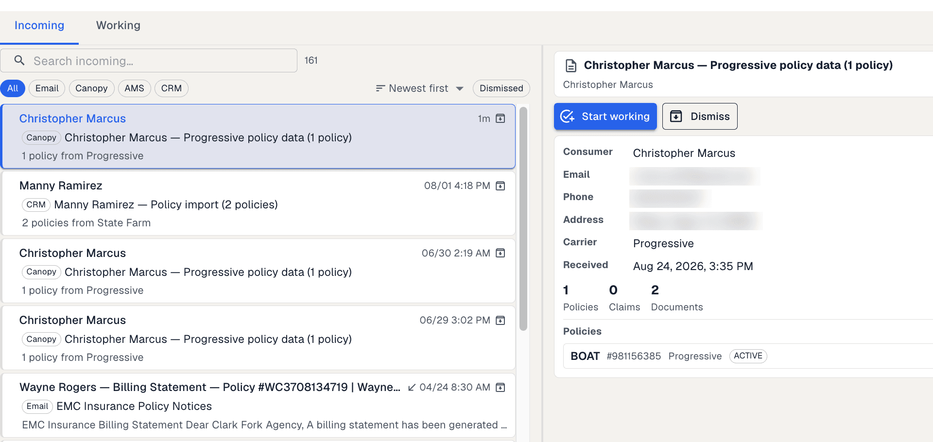 The incoming list inside the platform with filters for email, Canopy, AMS and CRM sources, a Canopy-tagged policy pull selected at the top, and the detail beside it showing the consumer, the carrier, when it was received and counts of policies, claims and documents, with a start working action