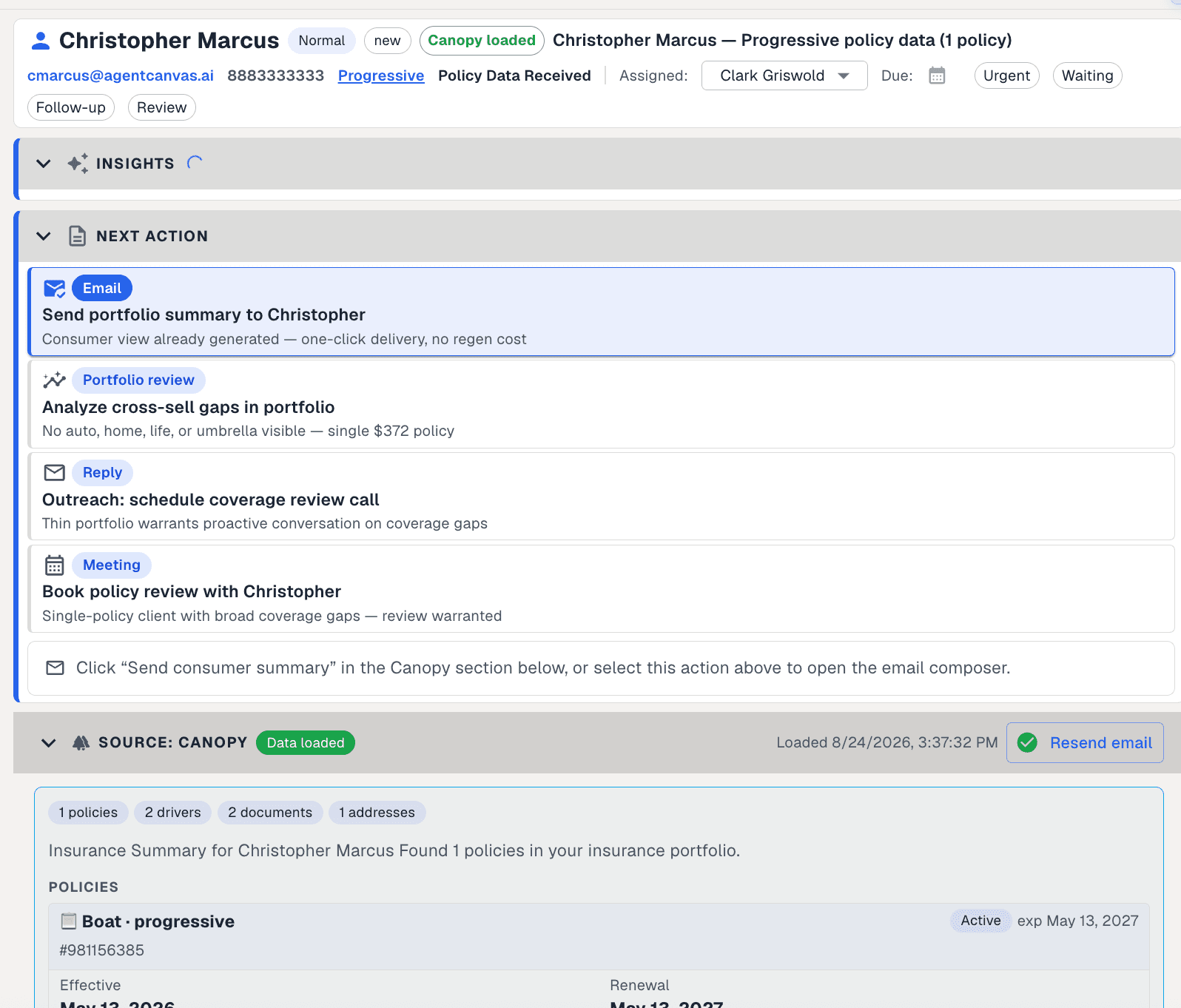 A work item marked Canopy loaded, with insights generating and four next actions already proposed — send the portfolio summary, analyse cross-sell gaps, schedule a coverage review call and book a policy review — each with the reason drawn from the record, above the Canopy source panel listing the policies, drivers, documents and addresses it carried