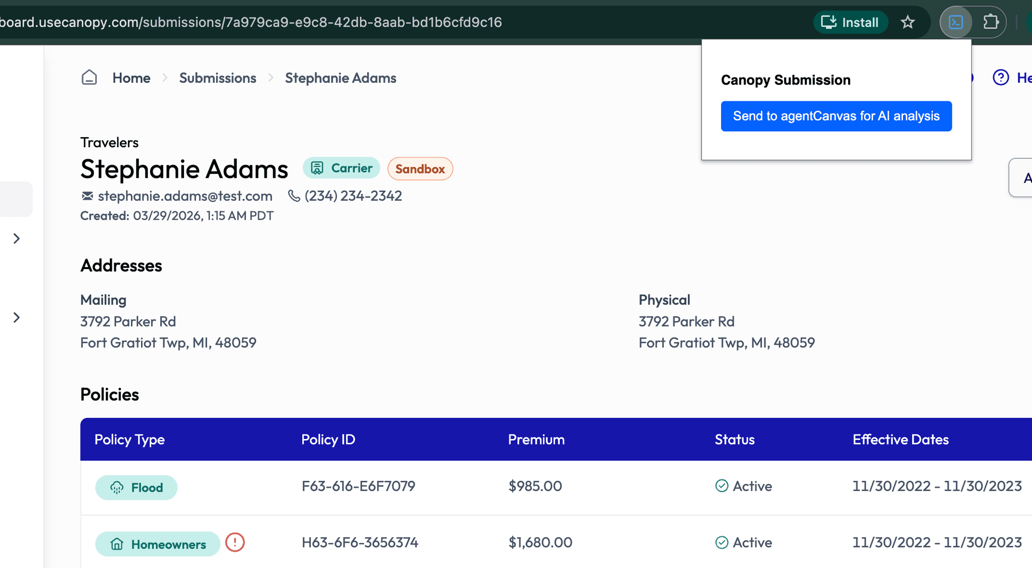 A submission open in the Canopy Connect dashboard with the browser add-on offering a single action, send to agentCanvas for AI analysis, beside the consumer’s addresses and a table of their policies with premiums and effective dates