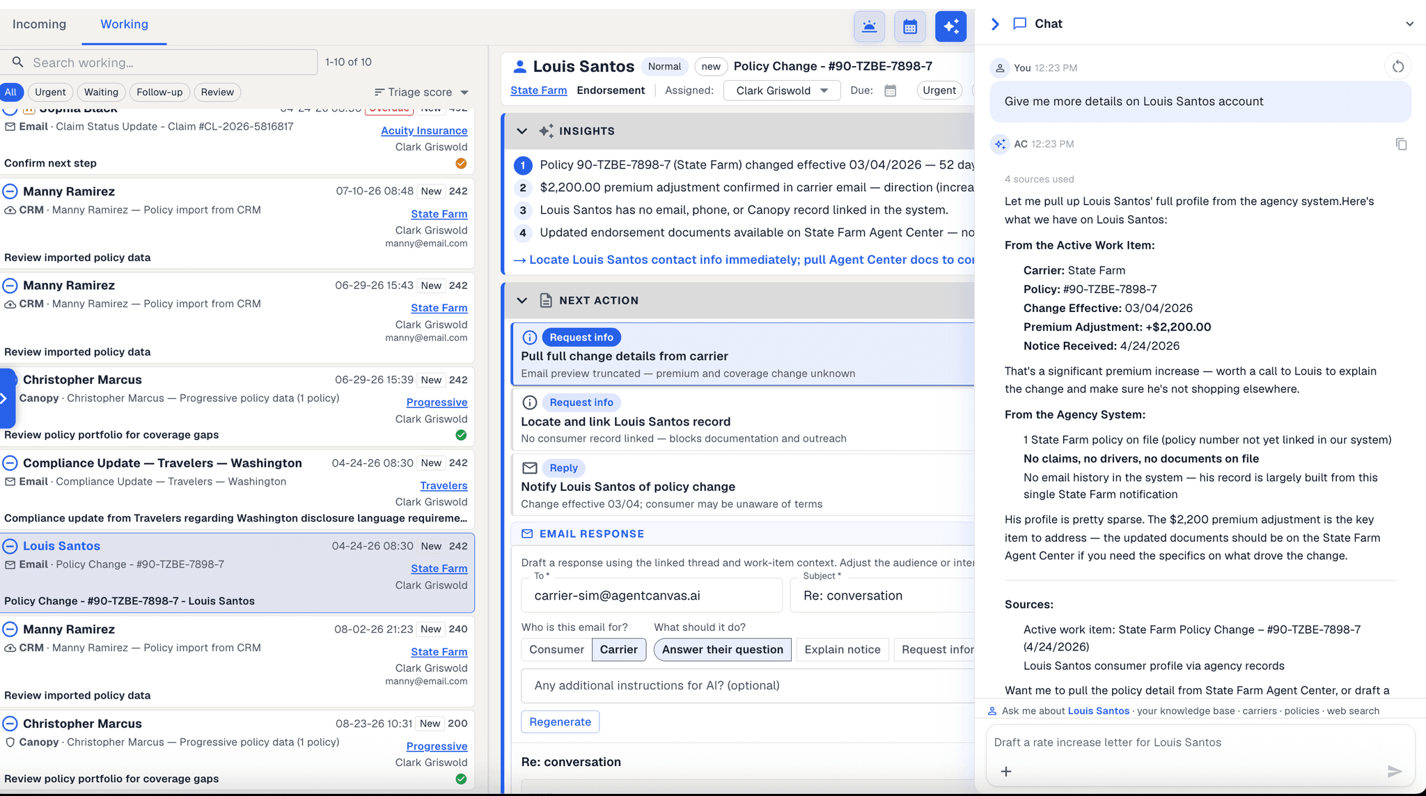 The full application with chat open beside the work, answering a question about one client’s account, counting the four sources it used, separating what came from the open work item from what came from the agency’s own records, and listing its sources at the end