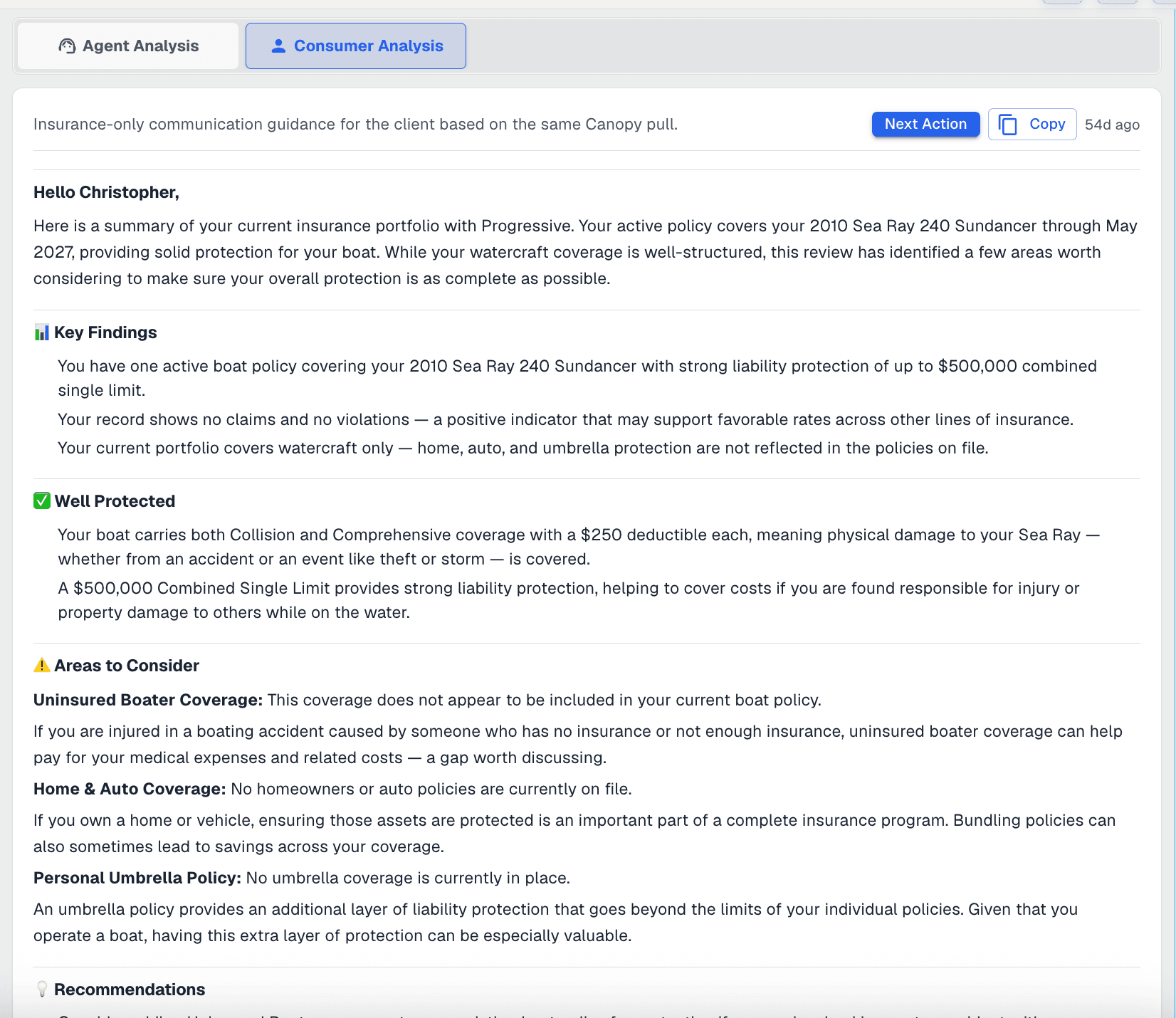 The same client’s review written for the client, opening with a greeting and setting out key findings, what they are well protected for, areas to consider, and recommendations