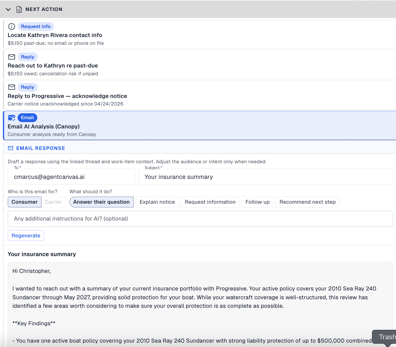 The next action panel with ranked actions and the reason for each, controls for who the reply is for and what it should do, a box for extra instructions, and the drafted reply