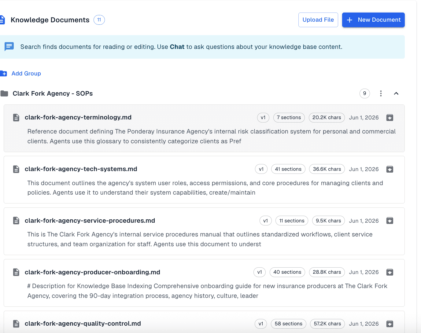 The knowledge base document list in agency settings: eleven documents, with a group of nine agency procedures covering terminology, systems, service procedures, producer onboarding and quality control, each carrying a version, a section count, a length and a date, beside actions to upload a file or write a new document