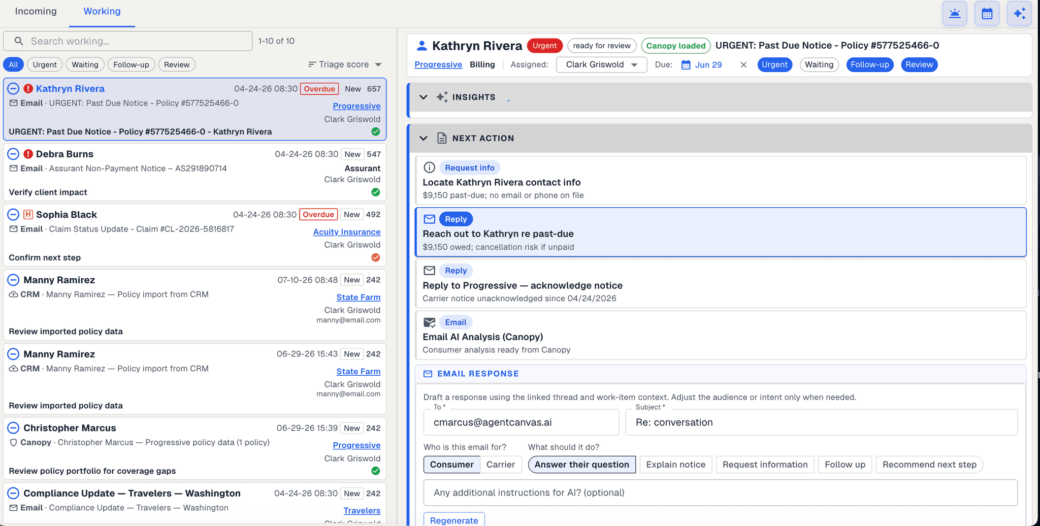 The working list with ten open items ranked by score, each with an owner, overdue flags, the carrier and where it arrived from, and one client open beside it showing findings, next actions and a drafted email